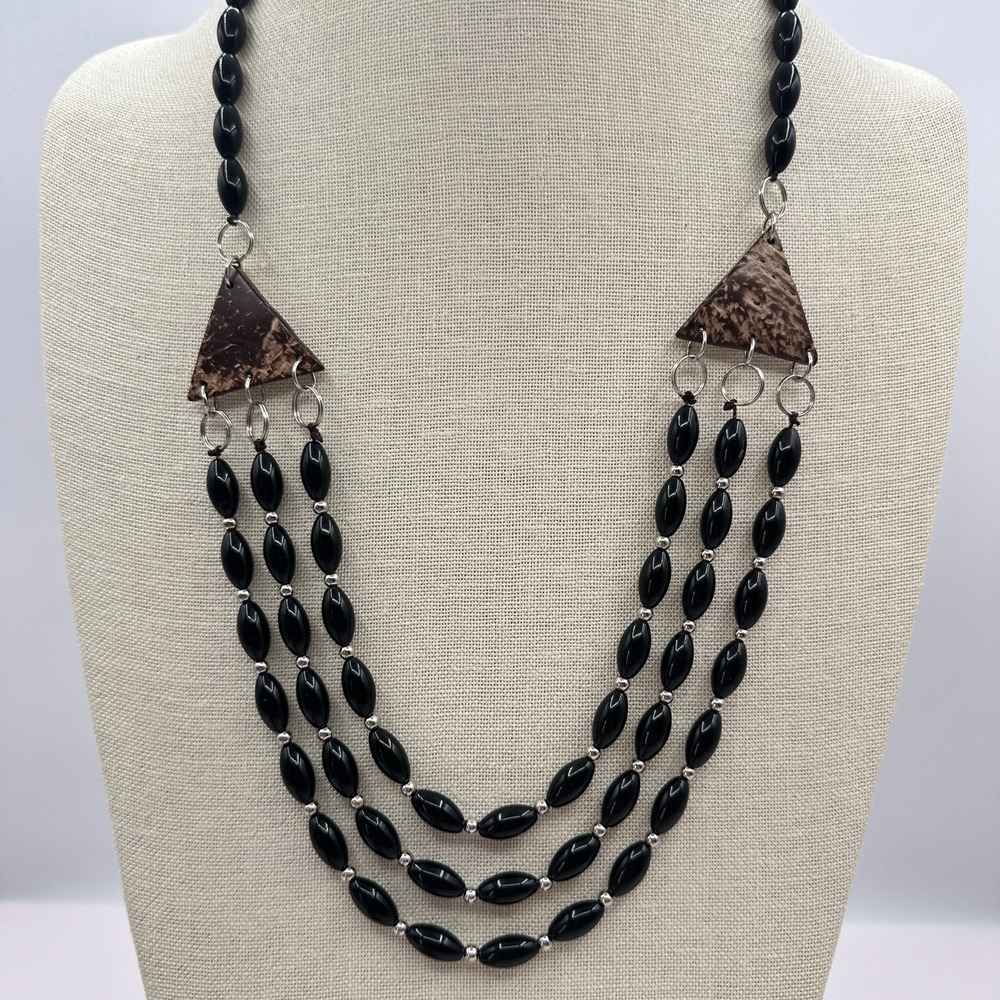 Vintage 90s Silver Tone Multi-Strand Black Beaded Coconut Husk Necklace Jewelry